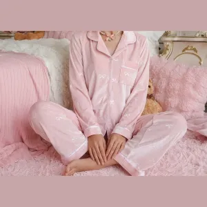Women Solid Color Bow Jacquard Velvet Cardigan and Pants Sleepwear Set Soft Button Up Pajama Set(M0007-0008)