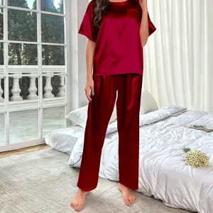 Women Summer Two Piece Solid Satin Pajama Set Crew Neck Short Sleeve Top Long Pants Breathable Loungewear(M0008-0001)