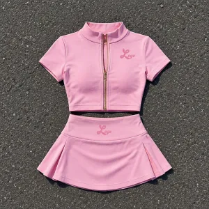 Women's Zip Up Crop Top and Mini Skirt Set Colorblock Two Piece Activewear Tennis Skirt Outfit（N0005-0009）