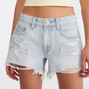 Women's Distressed Washed Denim Shorts High Elasticity Frayed Raw Hem Casual Summer Shorts（N0004-0001）