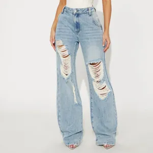 Women's Ripped Wide Leg Jeans Oversized Light Blue Washed Distressed Casual Denim Pants（N0004-0006）