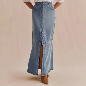 Women's Vintage Faded Denim Maxi Skirt High Waist Button Front Long Jean Skirt with Slit（N0004-0003）