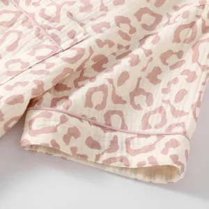 Leopard Print Pajama Set for Women Loose Fit Short Sleeve Woven Sleepwear Set Summer Loungewear Homewear Nightwear（M0008-0007）