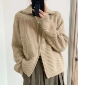 Women's Loose Zipper Knitted Cardigan Turtleneck Long Sleeve Cashmere Sweater Coat Winter（N0005-0003）