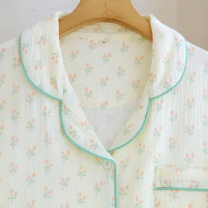 Tulip Print Pajama Set for Women Soft Cozy Cotton Sleepwear Set Modern Printed Loungewear Homewear Nightwear Wholesale（M0008-0006）