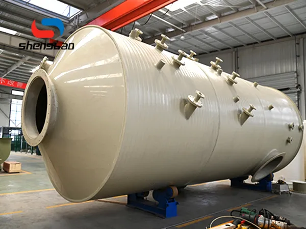 The exhaust gas treatment tower has a compact structure and occupies a small area