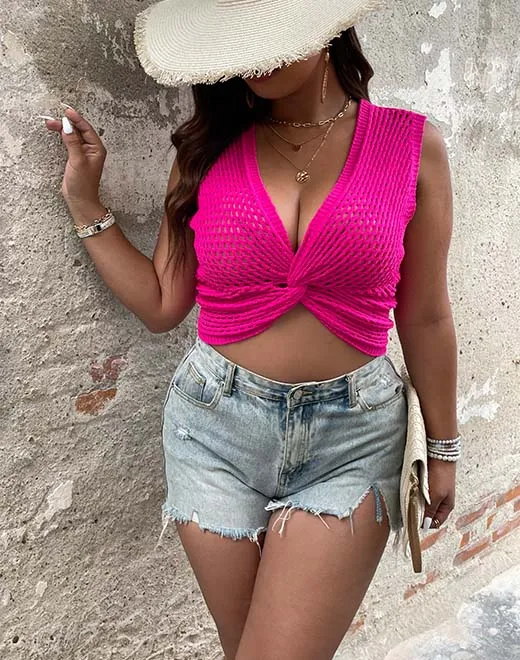 قمة خزان الكروشيه الحمراء الوردية الحجم