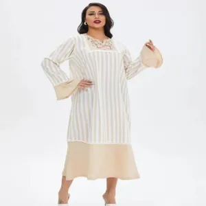 XG-13088 Embroidered Square Neckline Flared Cuffs Abaya Dress