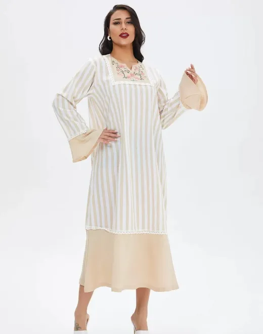 XG-13088 Embroidered Square Neckline Flared Cuffs Abaya Dress