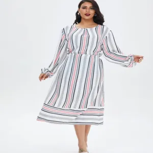 XG-13124 Striped Bubble Sleeve Muslim Abaya Dress