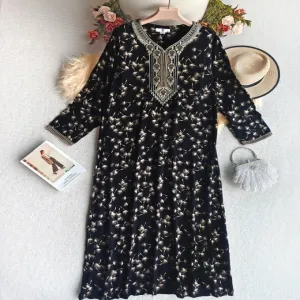 XG-WN-66343 Black Muslim Abaya with Embroidered Flowers