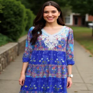 XG-105554 Blue Embroidered Floral Muslim Abaya Dress