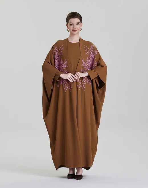 ADWIN NOOR-26 Caramel Brown Two-Piece Batwing Open Symmetrical Pastel Pink Floral Rhinestone Embroidery Abaya 