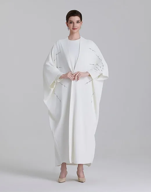 ADWIN NOOR-12 Off White Two-Piece Batwing Open Diagonal Meteor Stream Rhinestone Detail Abaya