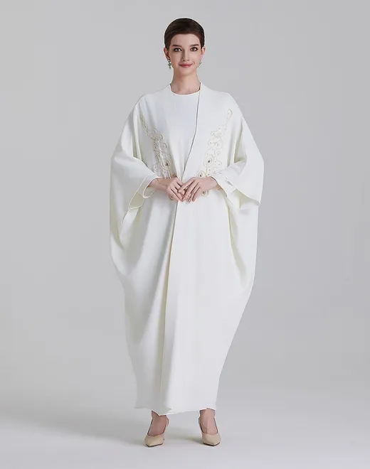 ADWIN NOOR-03 Cream Two-Piece Batwing Golden Embroidery Abaya