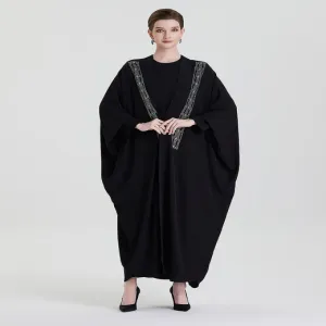 ADWIN NOOR-23  Black Two-Piece Batwing Open Vertical Strip Silver Rhinestone Trims Abaya 