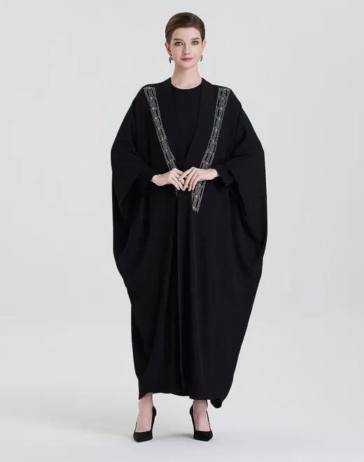 ADWIN NOOR-23  Black Two-Piece Batwing Open Vertical Strip Silver Rhinestone Trims Abaya 