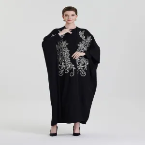 ADWIN NOOR-19 Black Two-Piece Batwing Open Symmetrical Luxuriant Floral Rhinestone Embroidery Abaya 