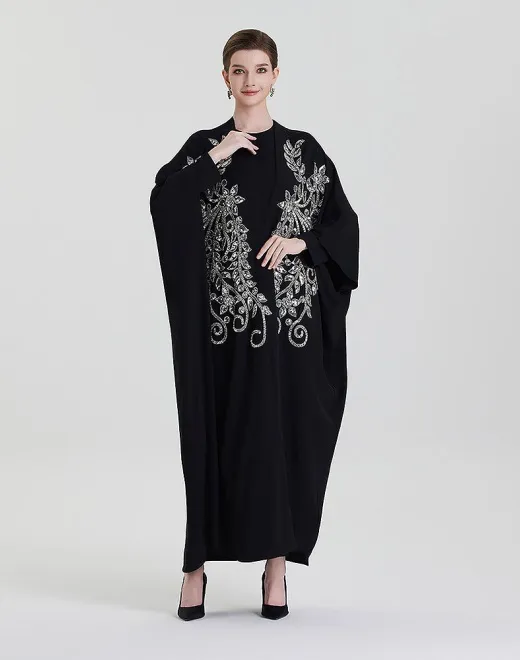 ADWIN NOOR-19 Black Two-Piece Batwing Open Symmetrical Luxuriant Floral Rhinestone Embroidery Abaya 