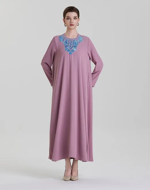 ADWIN NOOR-14 Dusty Purple Single-Piece Vibrant Blue Floral Neck Embroidery Abaya  