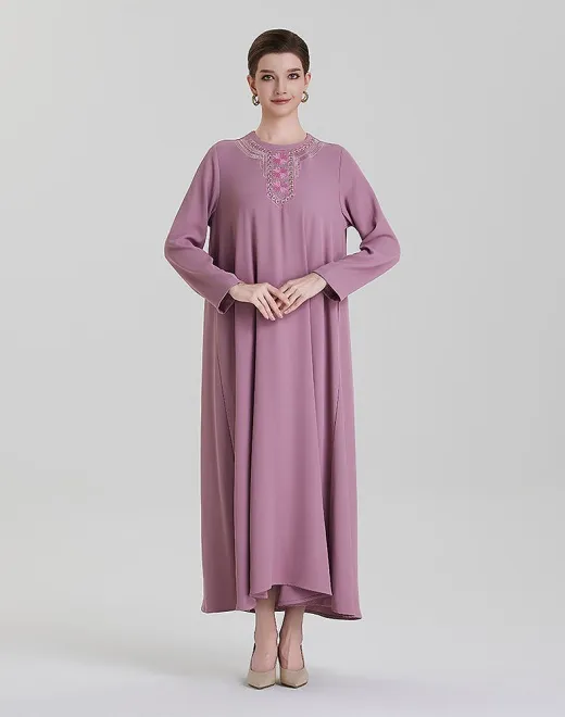 ADWIN NOOR-04 Dusty Mauve Round Neck Rhinestone Embroidered Abaya