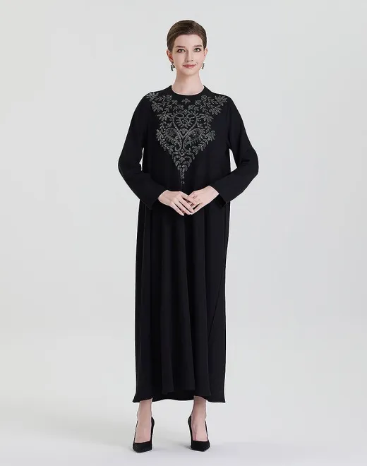 ADWIN NOOR-13 Black Single-Piece V-Shaped Floral Rhinestone Yoke Abaya 