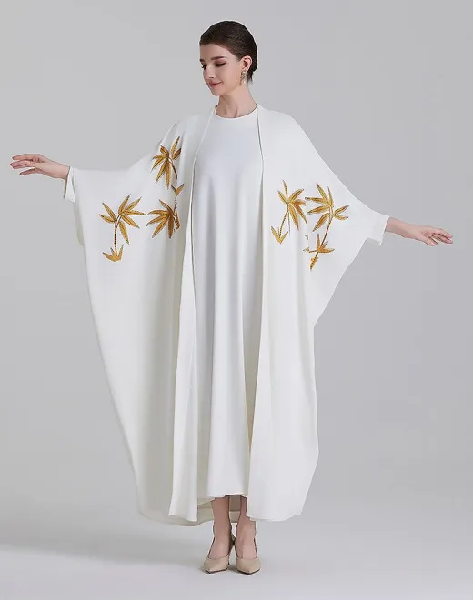 ADWIN NOOR -15 Off-White Two-Piece Batwing Open Golden Bamboo Leaf Embroidery ​Abaya 