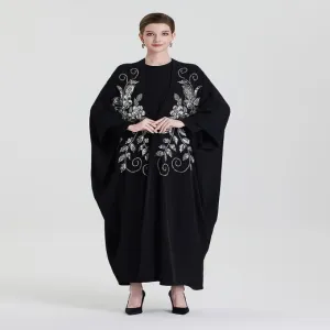 ADWIN NOOR-17 Black Two-Piece Batwing Open Symmetrical Scroll Floral Rhinestone Embroidery Abaya 