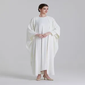 ADWIN NOOR-21 Cream Off-White Two-Piece Batwing Open Pearl Rhinestone Floral Embroidery Abaya 