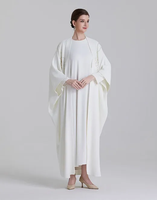 ADWIN NOOR-21 Cream Off-White Two-Piece Batwing Open Pearl Rhinestone Floral Embroidery Abaya 