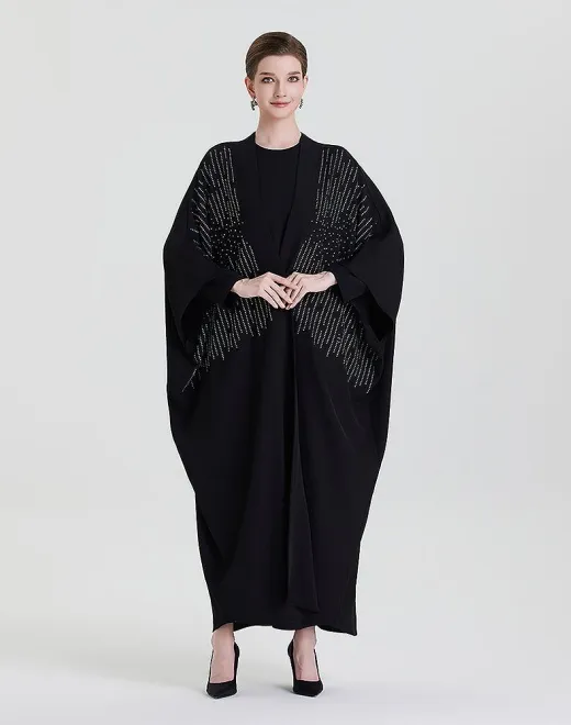ADWIN NOOR-11 Black Two-Piece Batwing Open Radial Starburst Rhinestone Embellishment Abaya 