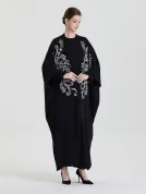 ADWIN NOOR-27 Black Two-Piece Batwing Open Symmetrical Peacock Scroll Vine Silver Rhinestone Embroidery Abaya 