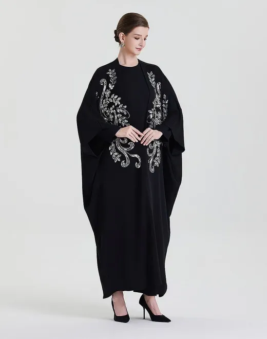 ADWIN NOOR-27 Black Two-Piece Batwing Open Symmetrical Peacock Scroll Vine Silver Rhinestone Embroidery Abaya 