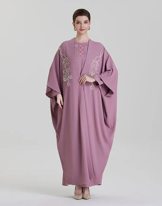 ADWIN NOOR-18 Dusty Mauve Two-Piece Batwing Open Swirl Scroll & Floral Rhinestone​ Abaya 