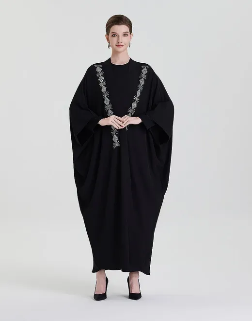 ADWIN NOOR-10 Black Two-Piece Batwing Open Geometric Diamond Rhinestone Trim Abaya 