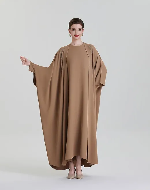 ADWIN NOOR-08 Camel Brown Two-Piece Batwing Minimal Rhinestone Embellishment Abaya