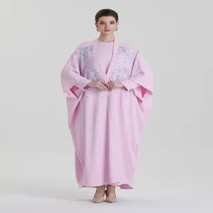 ADWIN NOOR-07 Pastel Pink Two-Piece Batwing Open Abaya with Blue Floral Embroidery
