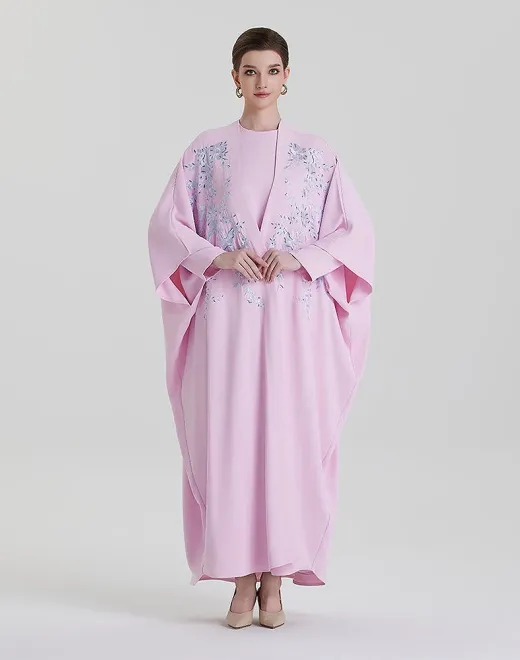 ADWIN NOOR-07 Pastel Pink Two-Piece Batwing Open Abaya with Blue Floral Embroidery
