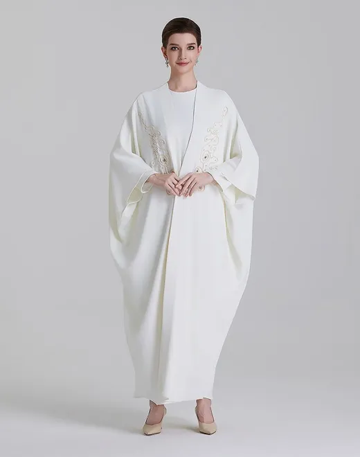 ADWIN NOOR-22 Cream Off-White Two-Piece Batwing Open Pearl Rhinestone Floral Embroidery Abaya 