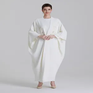 ADWIN NOOR-22 Cream Off-White Two-Piece Batwing Open Pearl Rhinestone Floral Embroidery Abaya 