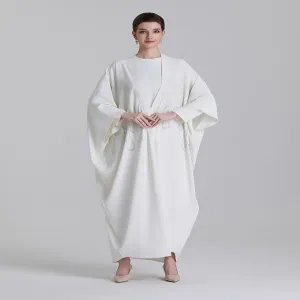 ADWIN NOOR-25 Off-White Two-Piece Batwing Open Abaya with Gradient Scattered Streamline Silver Rhinestone