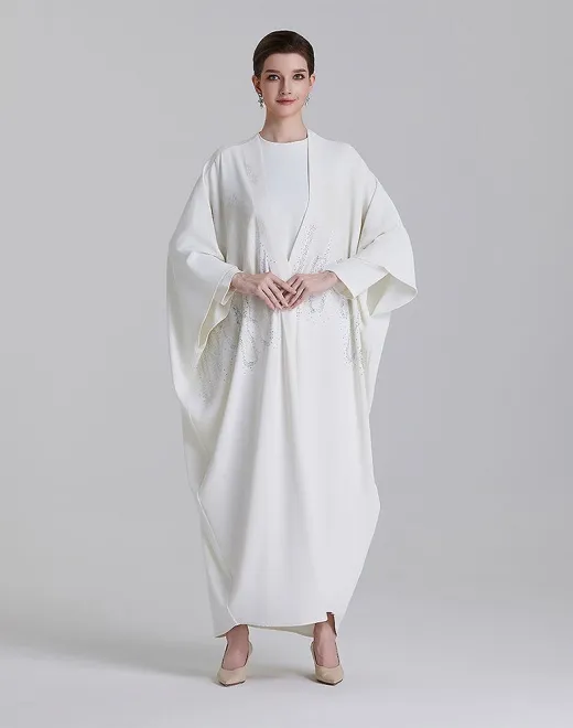 ADWIN NOOR-25 Off-White Two-Piece Batwing Open Abaya with Gradient Scattered Streamline Silver Rhinestone