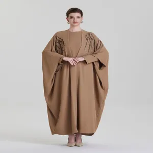 ADWIN NOOR-24 Camel Brown Two-Piece Batwing Open Abstract Feather Black Rhinestone Embellishment Abaya 