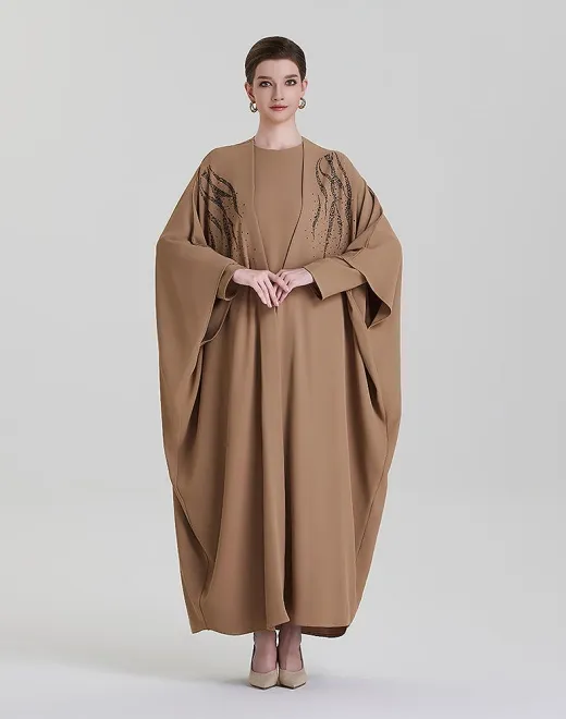 ADWIN NOOR-24 Camel Brown Two-Piece Batwing Open Abstract Feather Black Rhinestone Embellishment Abaya 