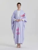 ADWIN NOOR-28 Lavender Purple Two-Piece Batwing Open Handcrafted Plum Blossom & Peony Floral Embroidery Abaya