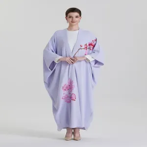 ADWIN NOOR-28 Lavender Purple Two-Piece Batwing Open Handcrafted Plum Blossom & Peony Floral Embroidery Abaya