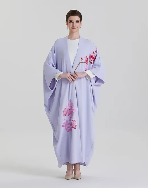 ADWIN NOOR-28 Lavender Purple Two-Piece Batwing Open Handcrafted Plum Blossom & Peony Floral Embroidery Abaya