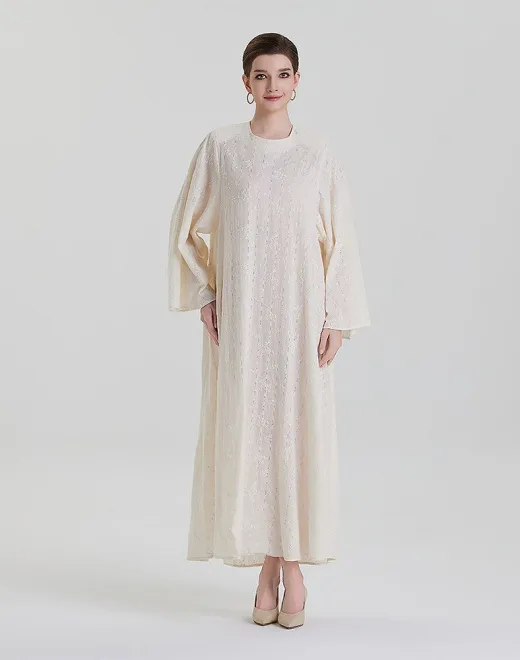  ADWIN NOOR-06 Nude White Allover Eyelet Floral Embroidered Abaya