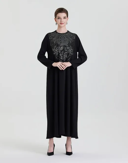 ADWIN NOOR-16 Black Single-PieceTeardrop V-Shape Floral Rhinestone Yoke​ Abaya