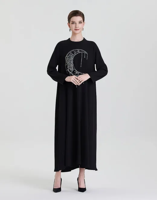 ADWIN NOOR-09 Black Single-Piece Crescent Moon Rhinestone Tassel Embellishment Abaya